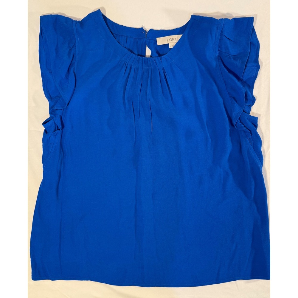 LOFT Royal Blue Flutter Sleeve Pleated Neck Keyhole Back Blouse Womens Medium